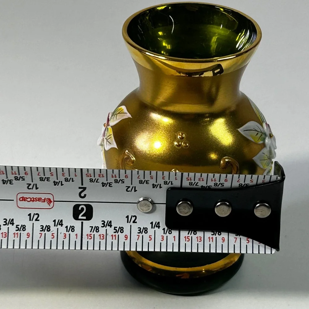 RTL Czechoslovakia Emerald Green Glass Bud Vase Gold Gilt Enamel Floral 3 Inch
